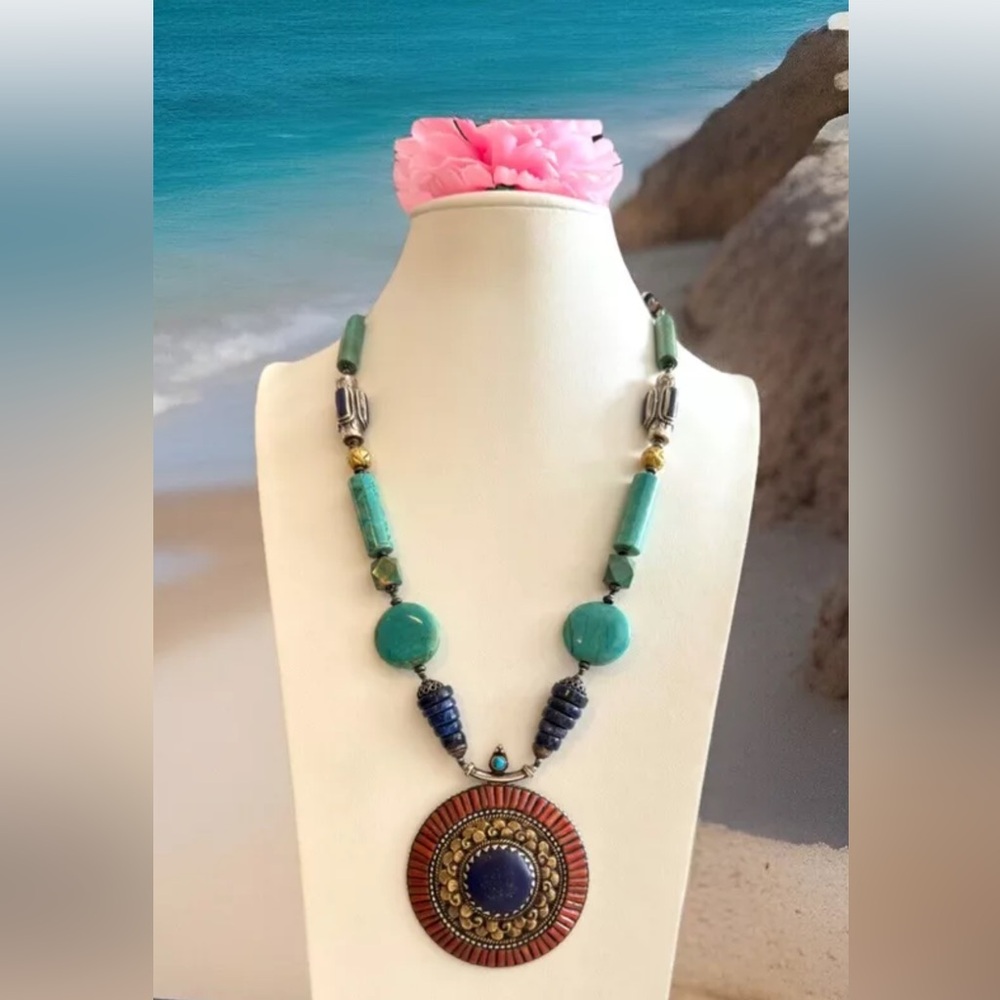 Vintage Ethnic Tibetan Tribal Hand-carved Pendant Necklace With Stones & Silver